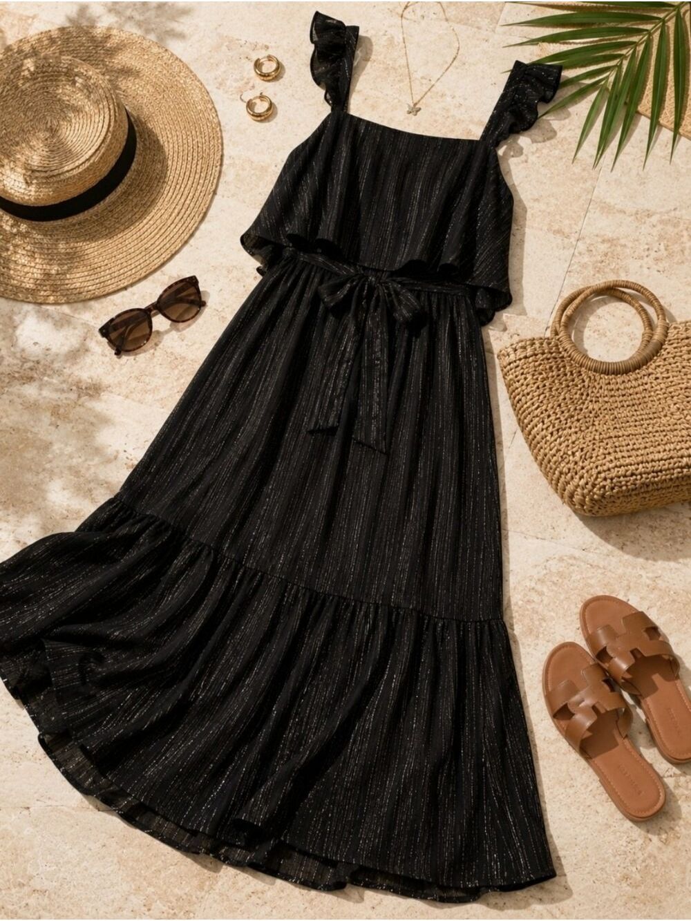 Andrée Black Shimmer Maxi Dress L Resort Chic Coastal Luxe Glam NWT
